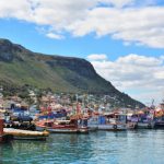camps bay A scenic harbor with colorful fishing boats anchored on calm water invites you to start your Cape Peninsula tour. In the background, a hillside covered with greenery and a small seaside town are visible under a partly cloudy blue sky.